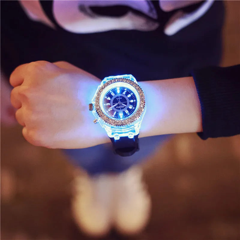 Women's LED luminous watch with colourful dial on silicone strap showing 43mm size