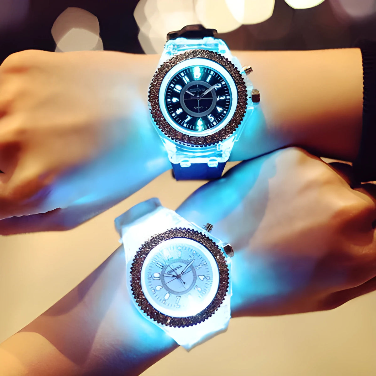 Women's LED luminous watch with colourful dial on silicone strap showing 43mm size