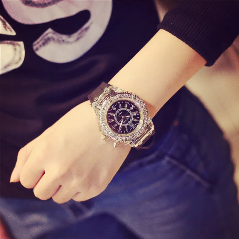 Women's LED luminous watch with colourful dial on silicone strap showing 43mm size