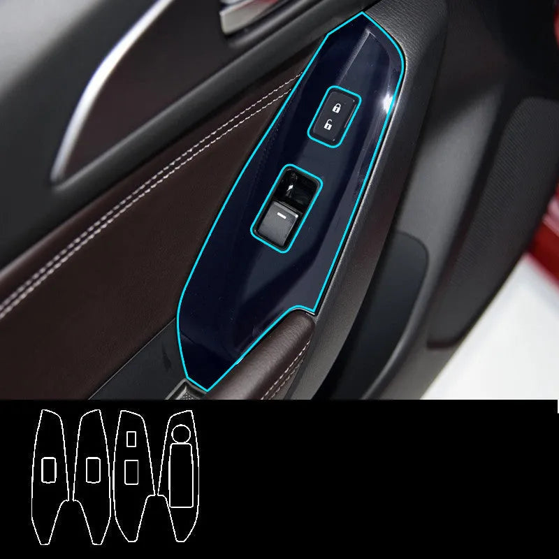 Four TPU protective films for car door control panels in transparent, carbon fibre black and matte black finishes