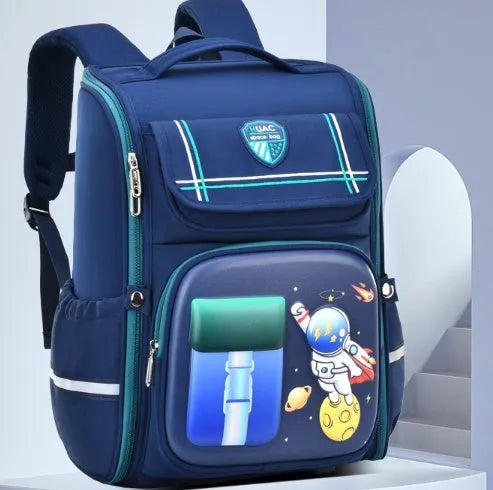 Children's cartoon backpack in Rabbit or Spaceman print with airpillow straps, shown in pink, purple, blue green, or blue red.
