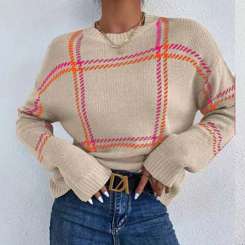 Women's plaid colour-block acrylic sweater with loose fit and crew neck