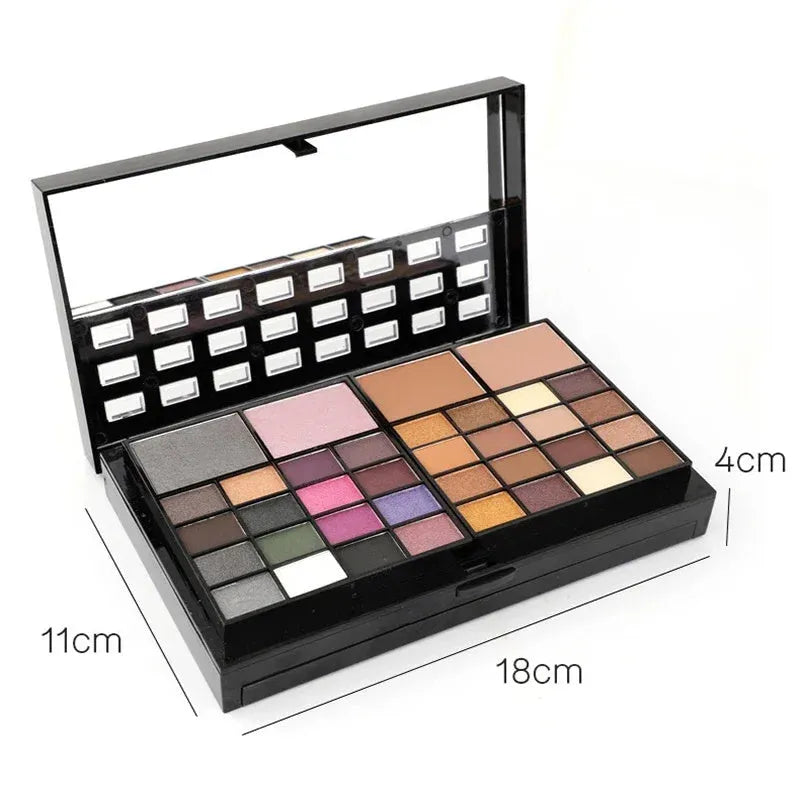 74 colour makeup combination palette open showing eyeshadows, lip glosses, and brushes