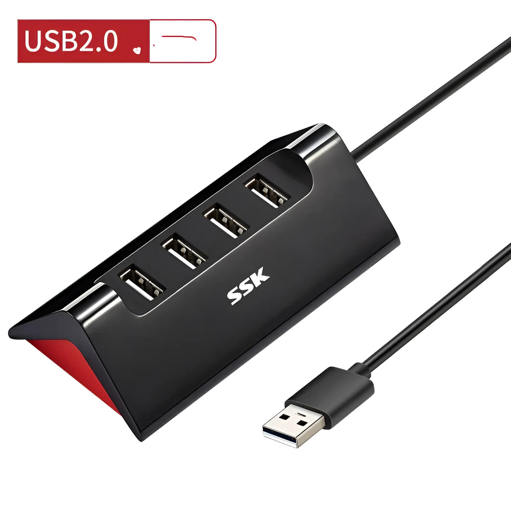 Black USB expansion dock with four USB ports showing compact dimensions