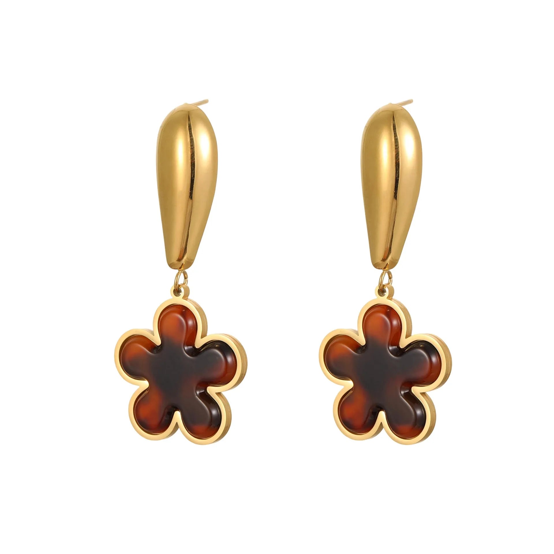 Pair of 18K gold plated stainless steel earrings featuring tortoiseshell resin in heart and flower geometric shapes for women