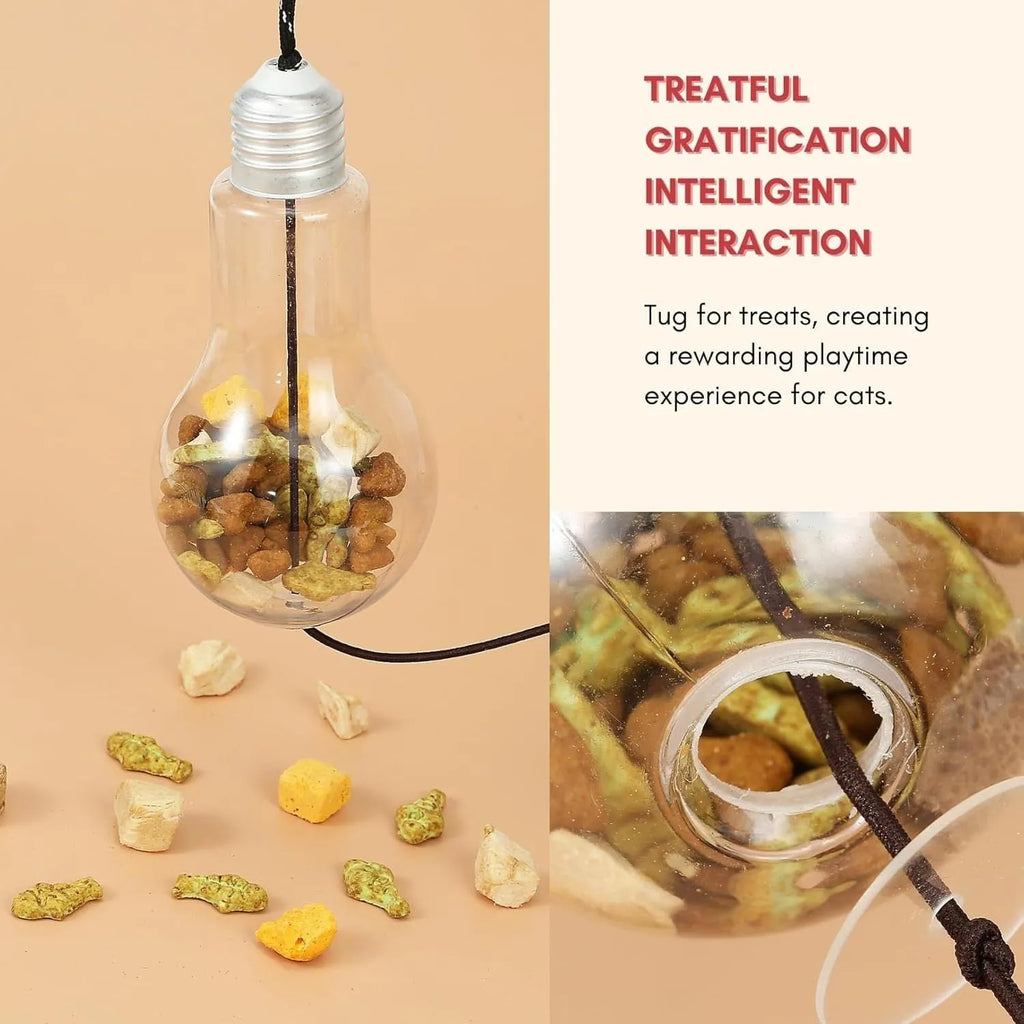 Interactive cat toy hanging on door frame with treat bulb and dangling mouse toy on elastic rope