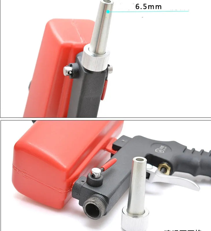 Pneumatic sandblasting gun with a large top-mounted tank, shown in black or blue.