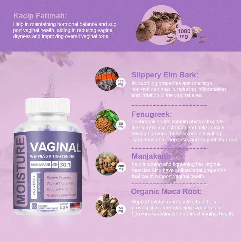 Bottle containing 60 vaginal capsules for adult intimate care with extract-based formula
