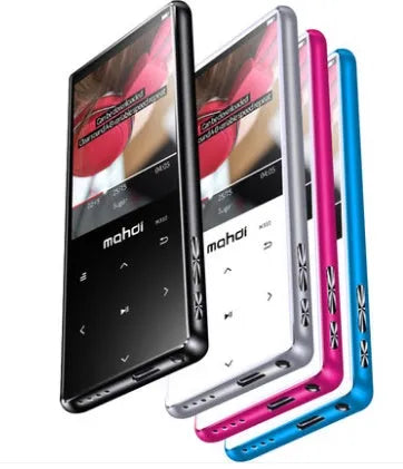 Portable MP3 MP4 player with 2.4-inch touchscreen showing music interface, available in black, silver, blue, and red colours.