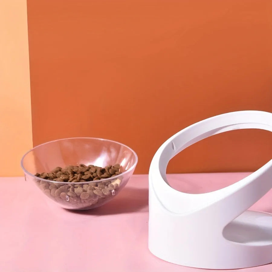 White elevated plastic cat food bowl with tilted design for anti-vomit feeding and neck protection