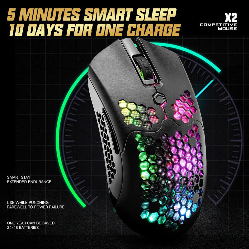 Free Wolf X2 wireless gaming mouse in multiple colours showing RGB lighting and dual-mode connectivity.