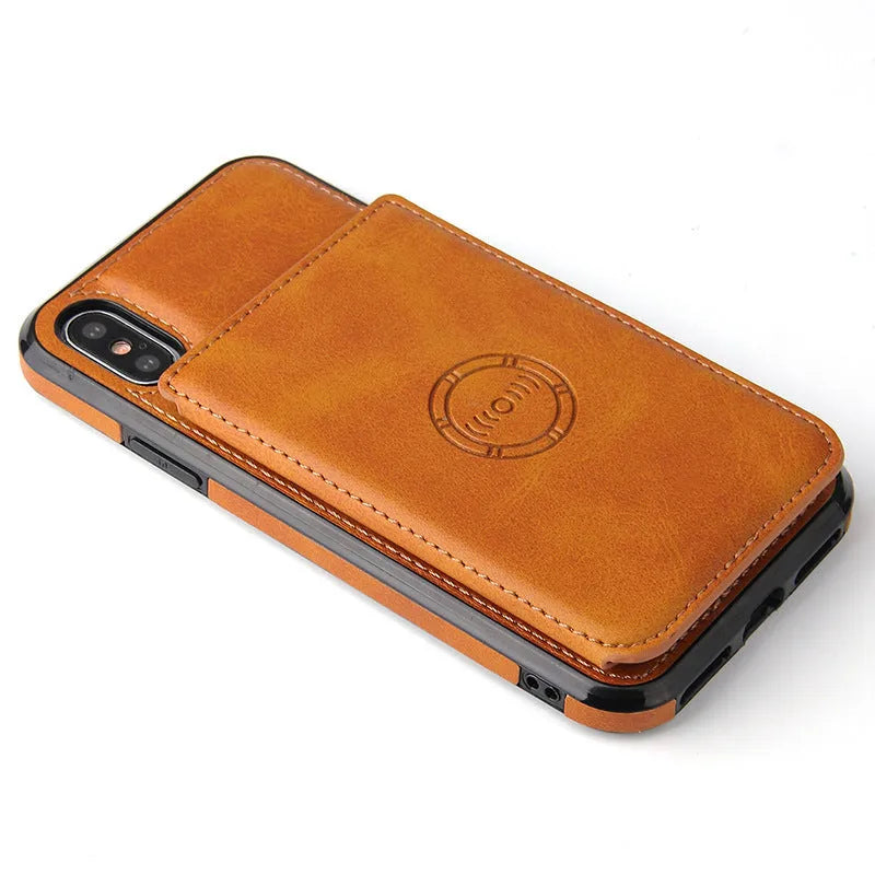 Solid colour imitation leather card wallet phone case for iPhone shown in multiple colour options.