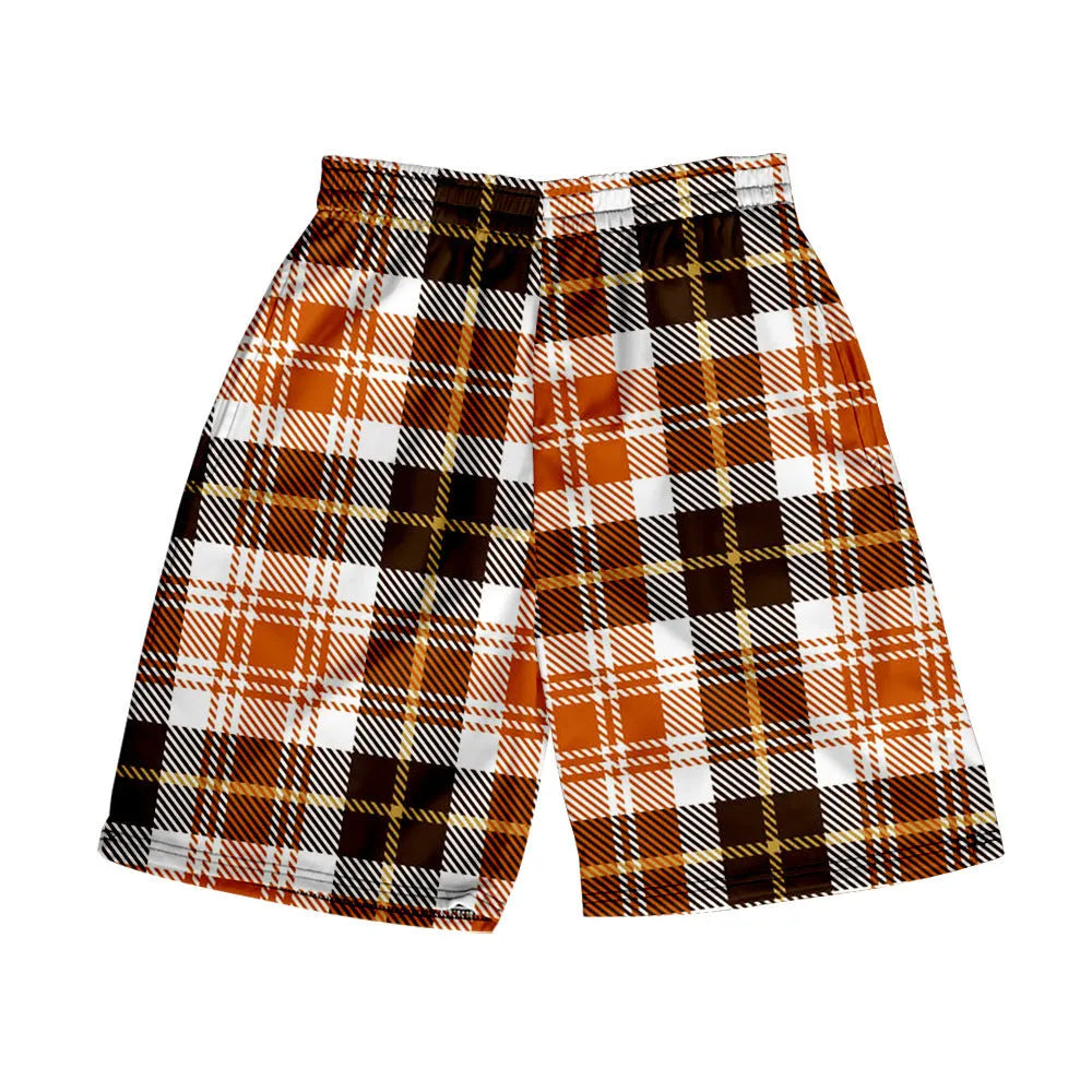 Men's plaid shorts with elastic waistband in straight leg cut for casual summer wear