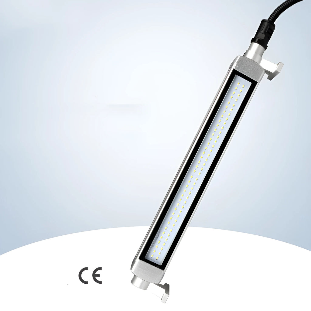 Aluminium LED strip work light with tempered glass cover and long cable for CNC machine mounting.