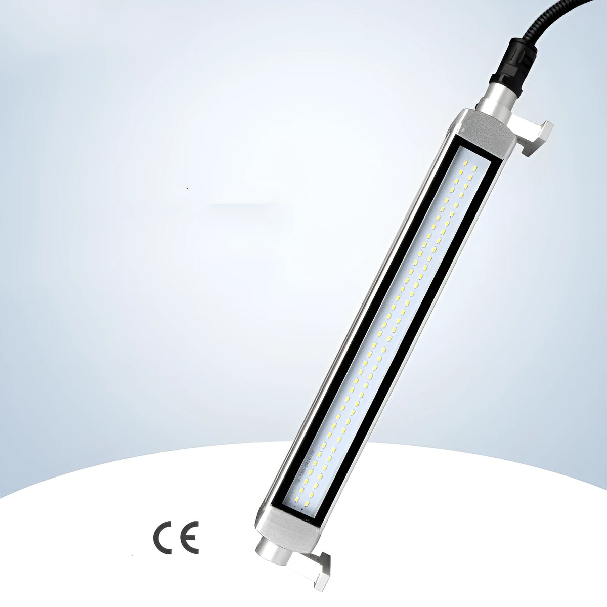 Aluminium LED strip work light with tempered glass cover and long cable for CNC machine mounting.