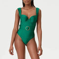 Women's one-piece swimsuit with skirt in polyester, showing double shoulder and oblique shoulder style options.