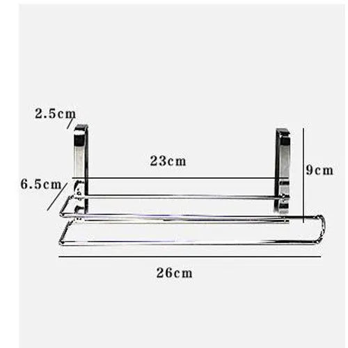 Silver stainless steel cabinet door back hanging paper towel rack showing dimensions