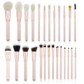 26-piece pink makeup brush set with wooden handles in portable PU case