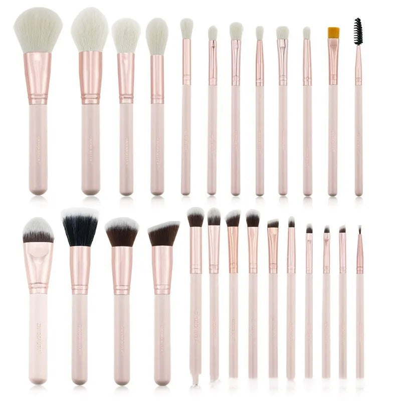 26-piece pink makeup brush set with wooden handles in portable PU case