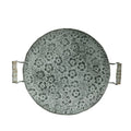 Round European wrought iron belt storage tray in two size options on a wooden surface.