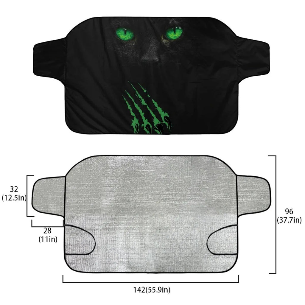 Car front gear snow protection cover showing aluminum film foam polyester fabric construction with lanyard installation system