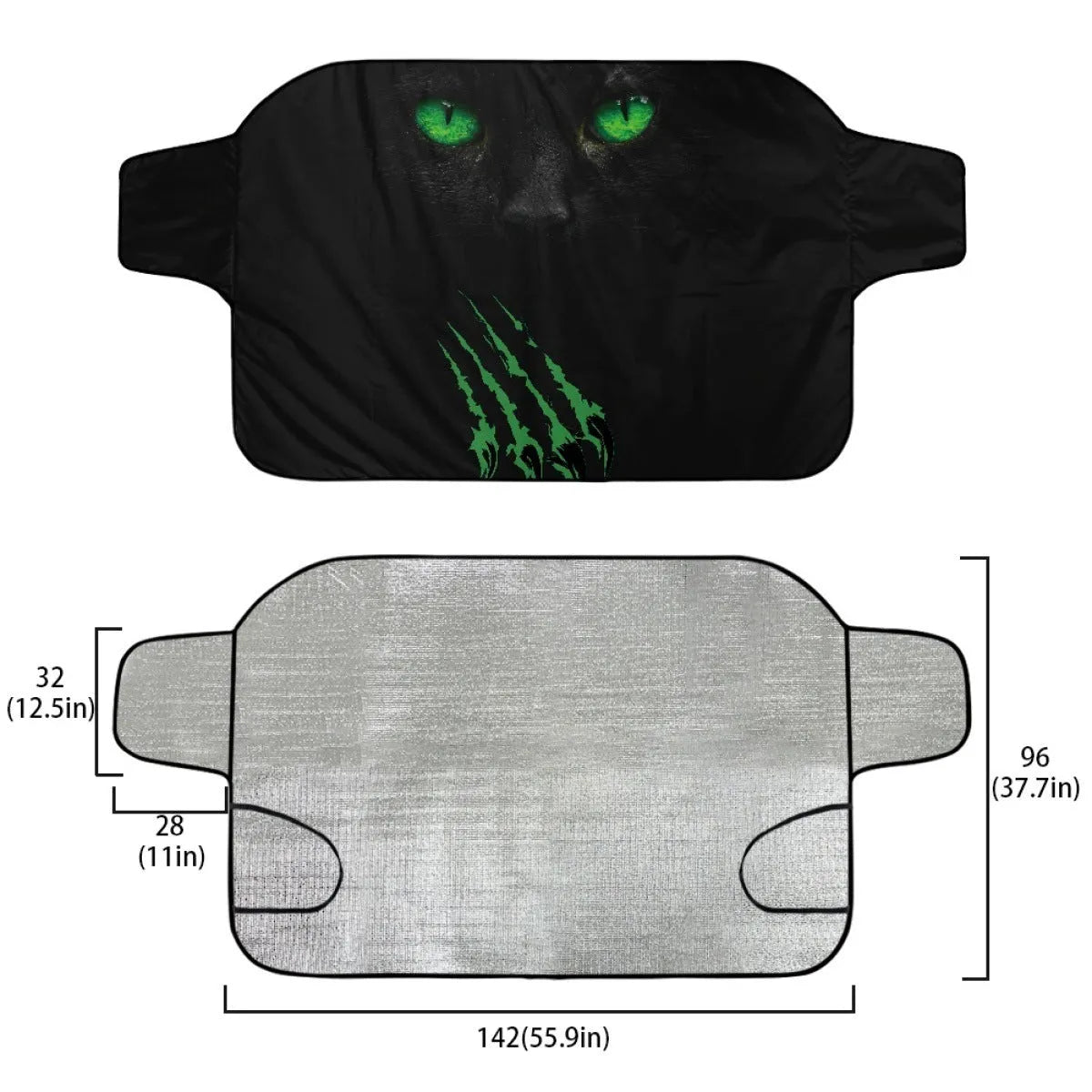 Car front gear snow protection cover showing aluminum film foam polyester fabric construction with lanyard installation system