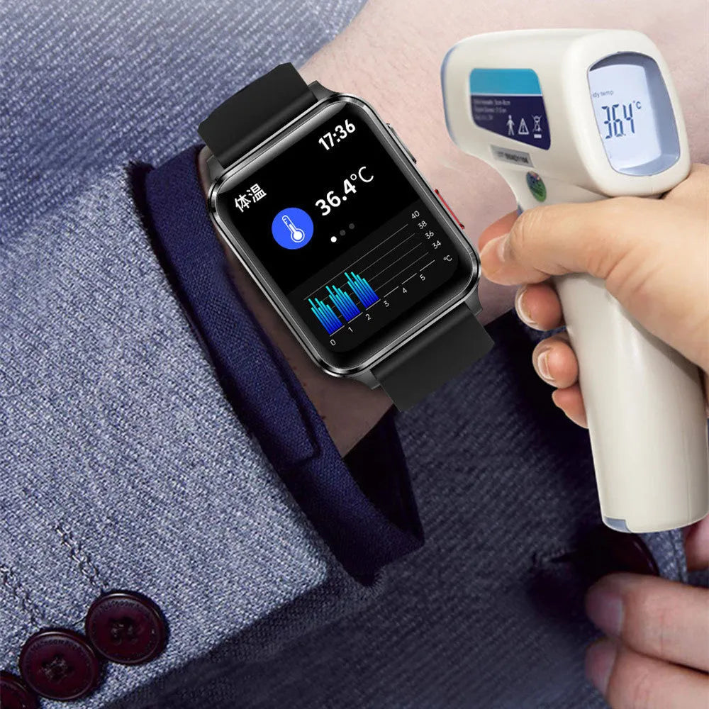 Blue multi-sport smart watch with 1.7-inch tempered glass screen and silicone wristband on wrist