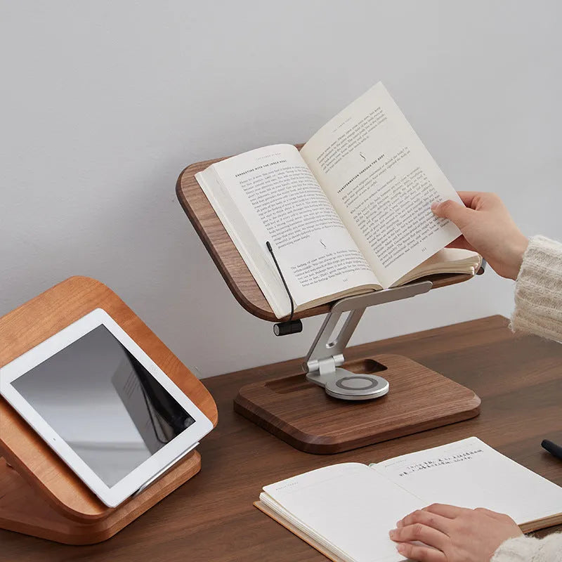 Solid wood reading rack in walnut colour with adjustable rotating mechanism holding a book