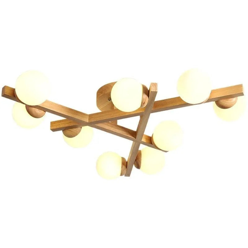 Wooden style living room ceiling light with three adjustable heads in Nordic modern design