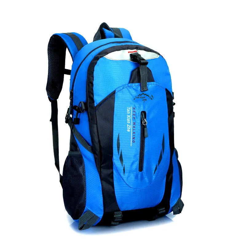Large outdoor travel backpack in Oxford cloth showing computer pocket, dual shoulder straps, and zipper opening