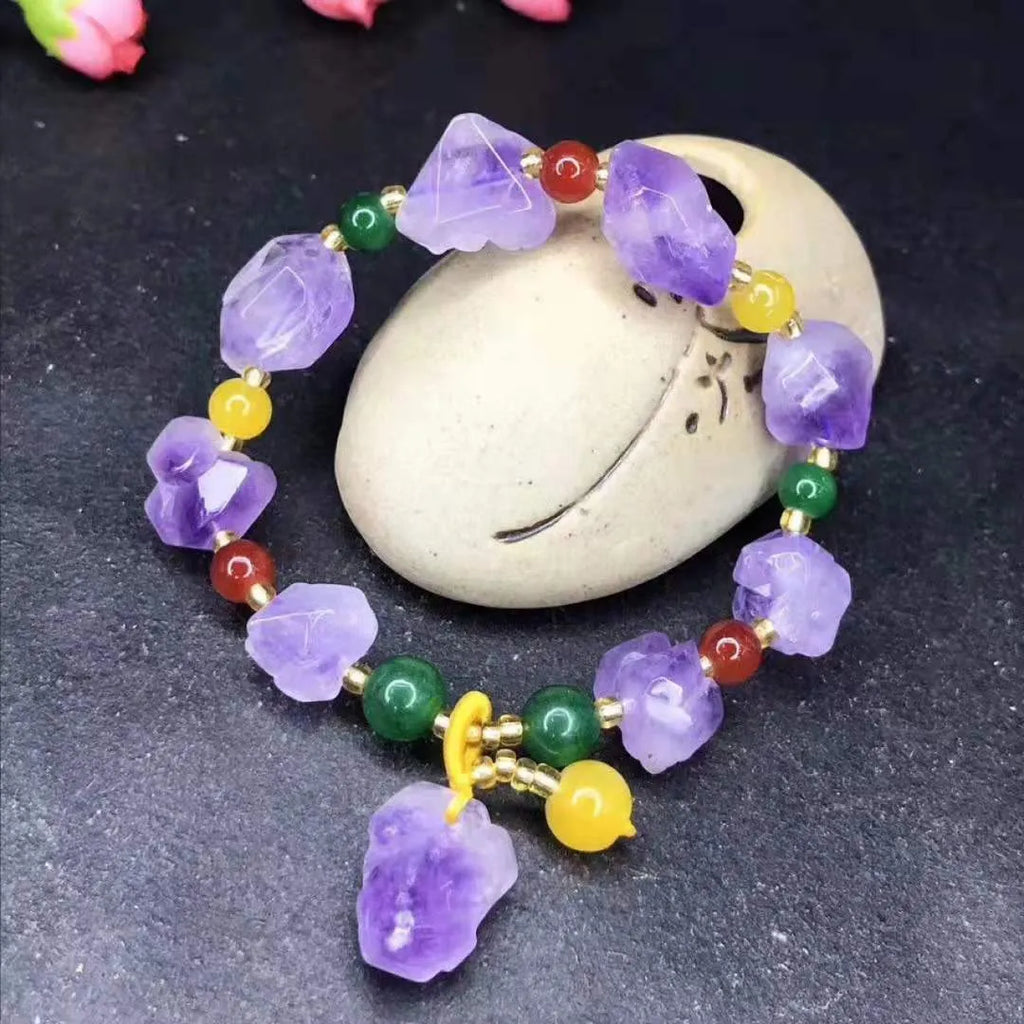 Women's natural shaped amethyst bracelet with fu character bead, adjustable 18-20 cm length