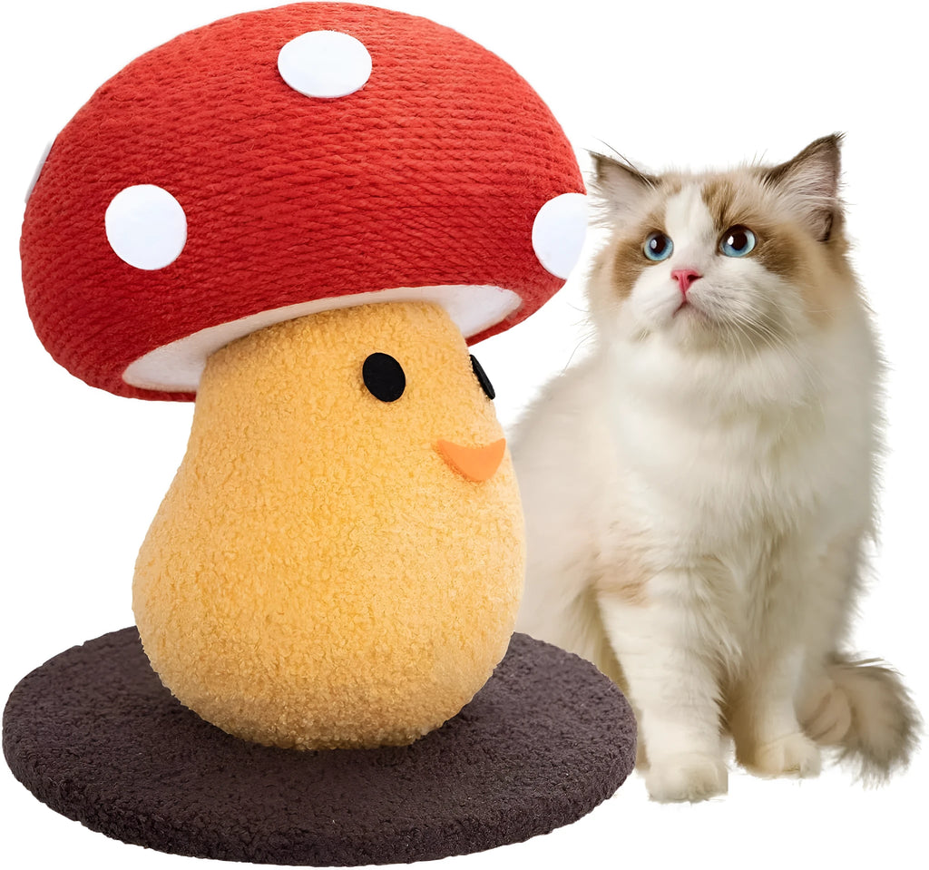 Foldable round mushroom-shaped cat scratcher lounge made from corrugated cardboard