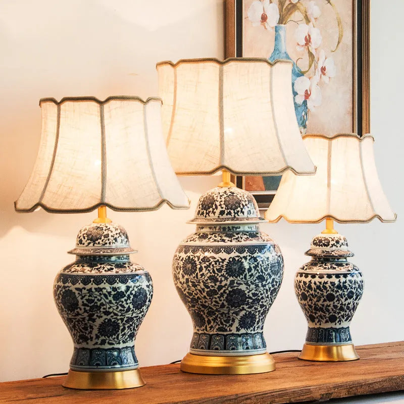 Chinese blue and white porcelain table lamp with ceramic base on bedside table