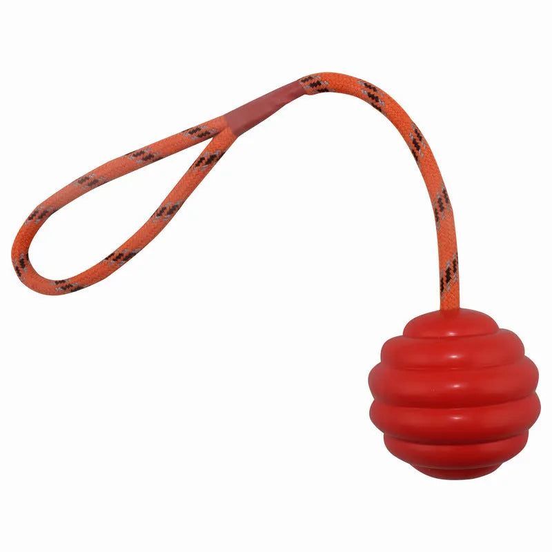 Multi-colour rubber pet ball with rope knot design measuring 6x30cm for dogs and cats