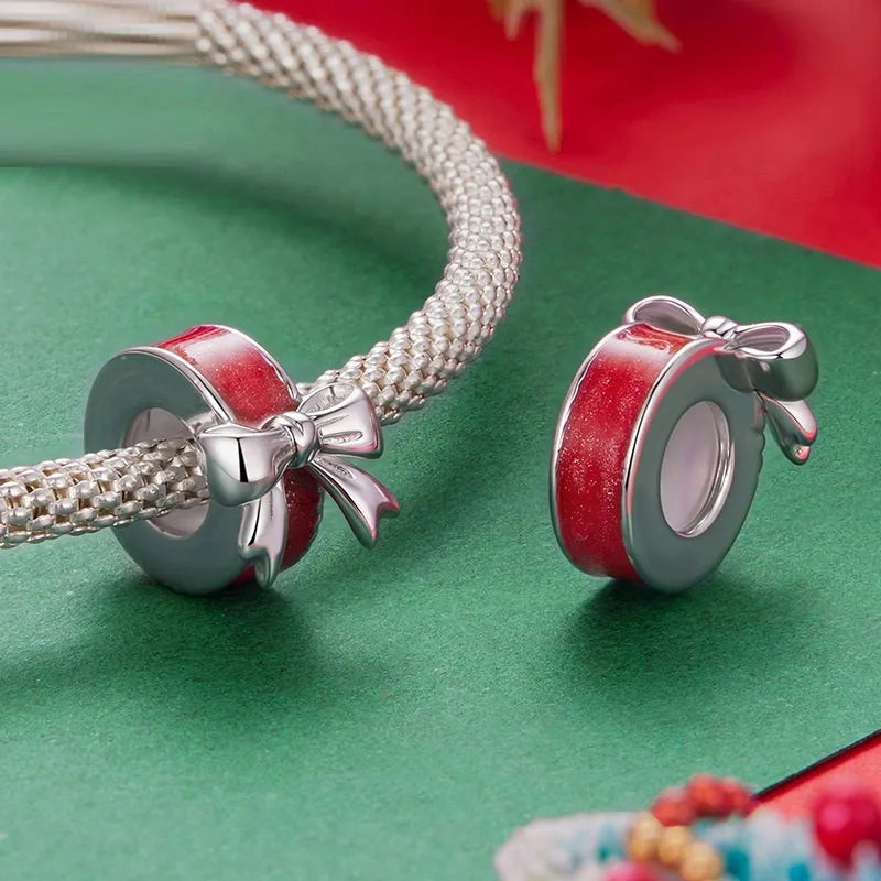 Red bow 925 silver spacer bead, 1.0cm by 0.8cm with 0.45cm aperture for DIY jewellery making