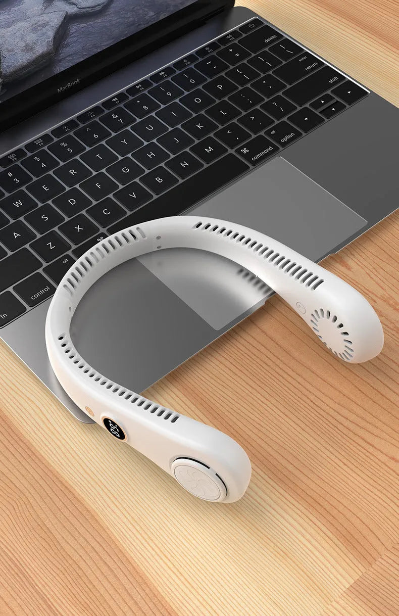 White USB rechargeable bladeless neck fan being worn, showing adjustable speed buttons.
