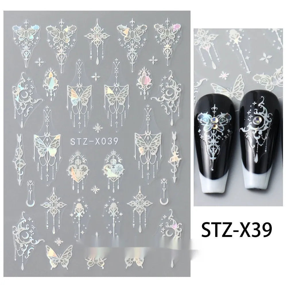 Cartoon love pattern nail art sticker decals in black and silver colours on a plastic sheet.