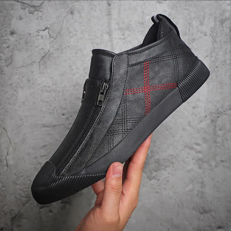 Breathable casual leather shoes with microfibre upper, side zipper, rubber sole, flat square heel, round toe, in black, beige or yellow