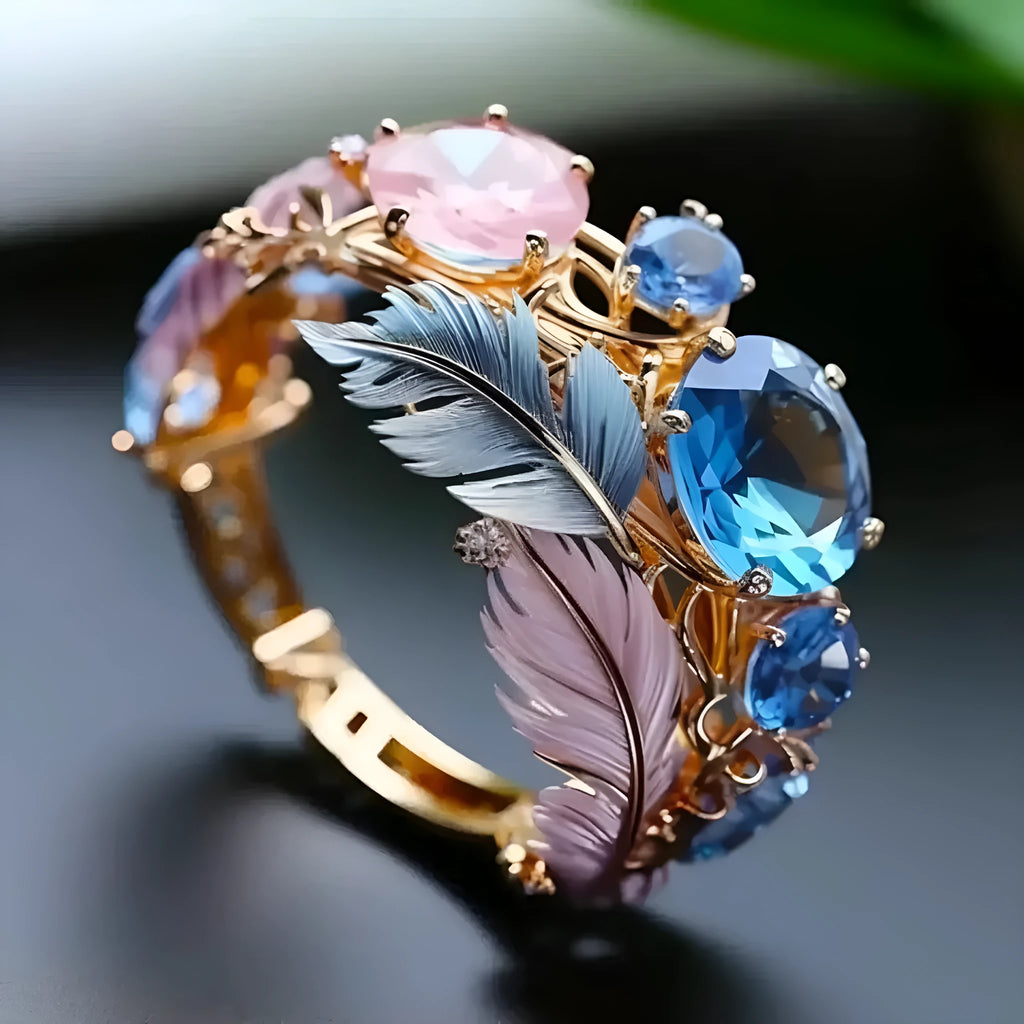 Brass feather ring with embossed colourful design and zircon accents in gold colour