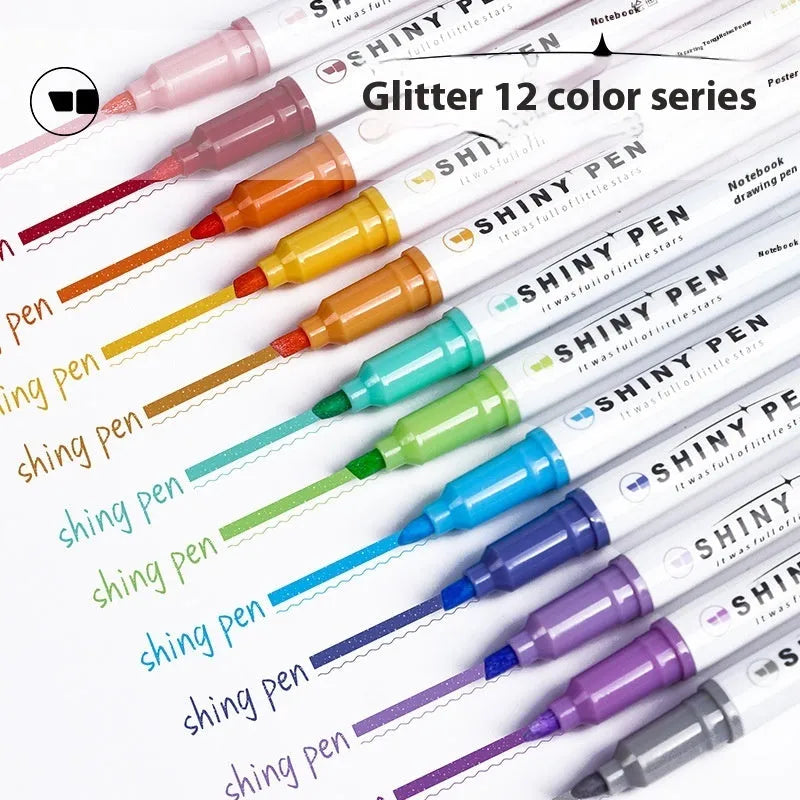 Four glitter fluorescent highlighter pens with slanted tips shown in a set.