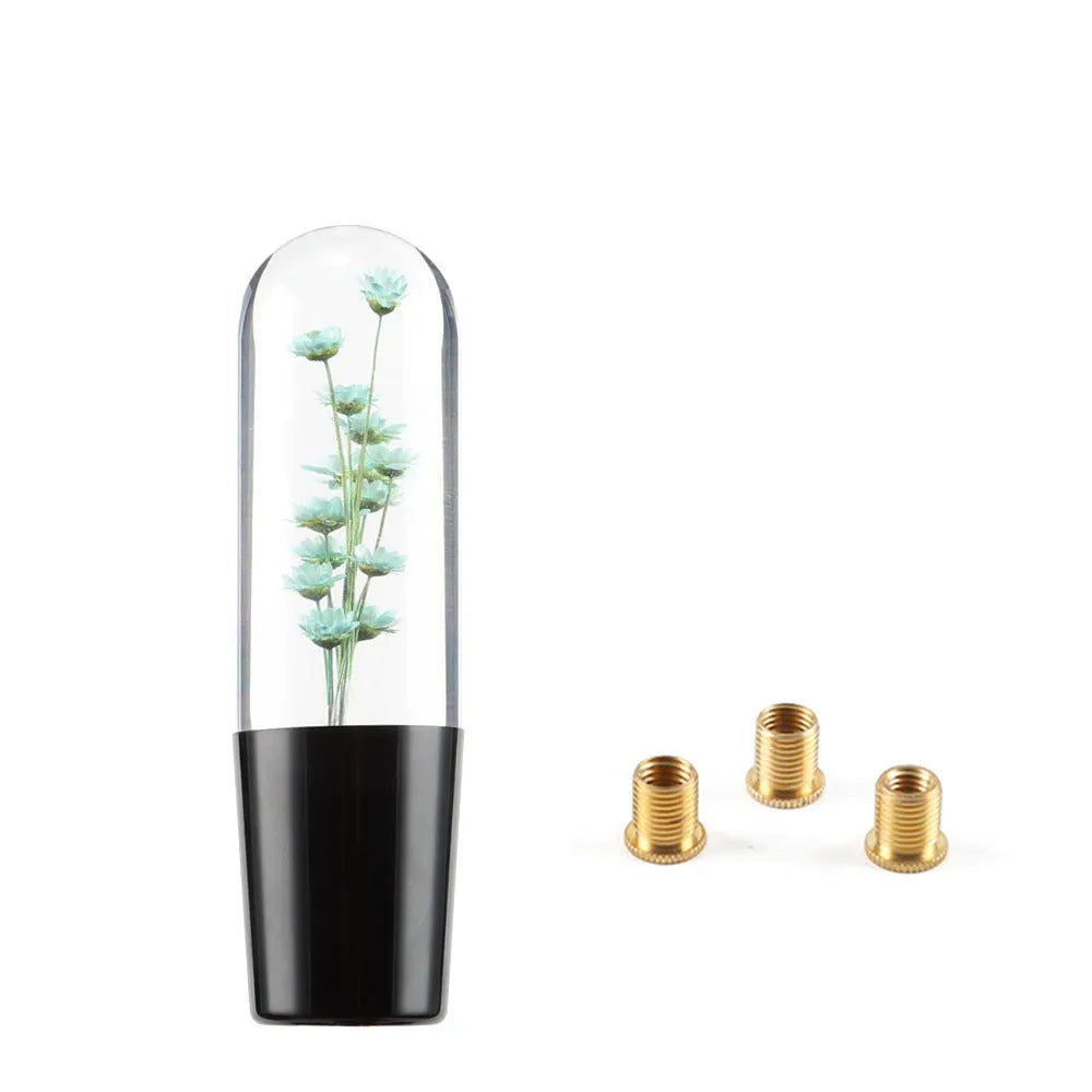 15cm transparent crystal car gear head with water flower design, shown with three metal adapters.