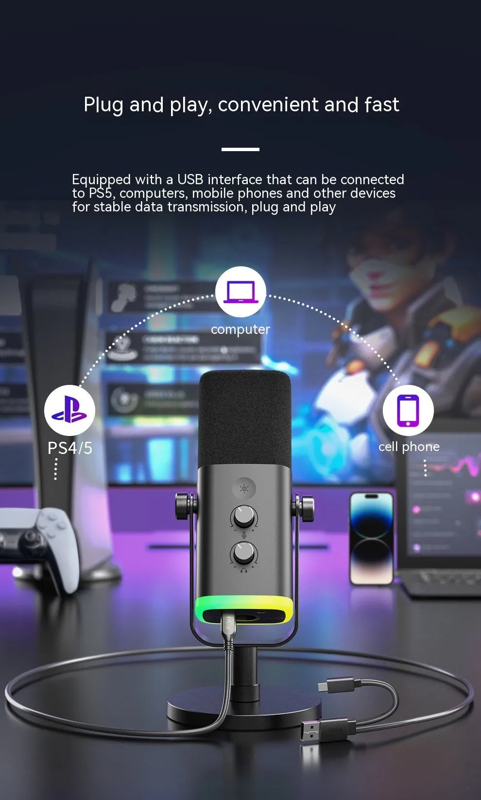 USB dynamic noise reduction microphone with XLR cable, USB cable, and base mount in black colour