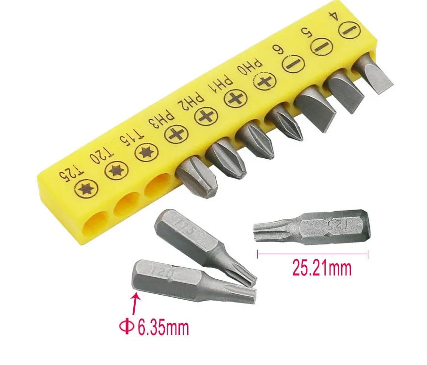 45# steel L-type double-headed socket wrench with 10 screwdriver bits arranged beside it