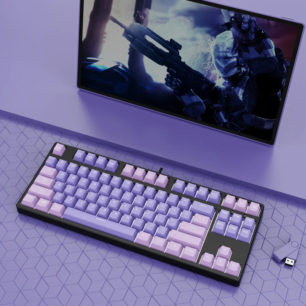 87-key mechanical keyboard with colourful keys on black or white metal chassis