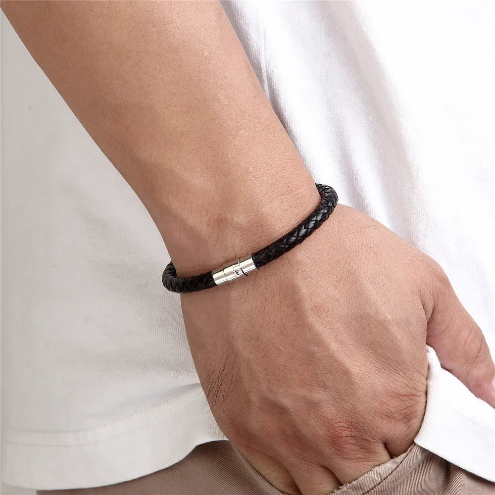 Titanium steel wire bracelet with magnetic clasp in geometric design showing line patterns