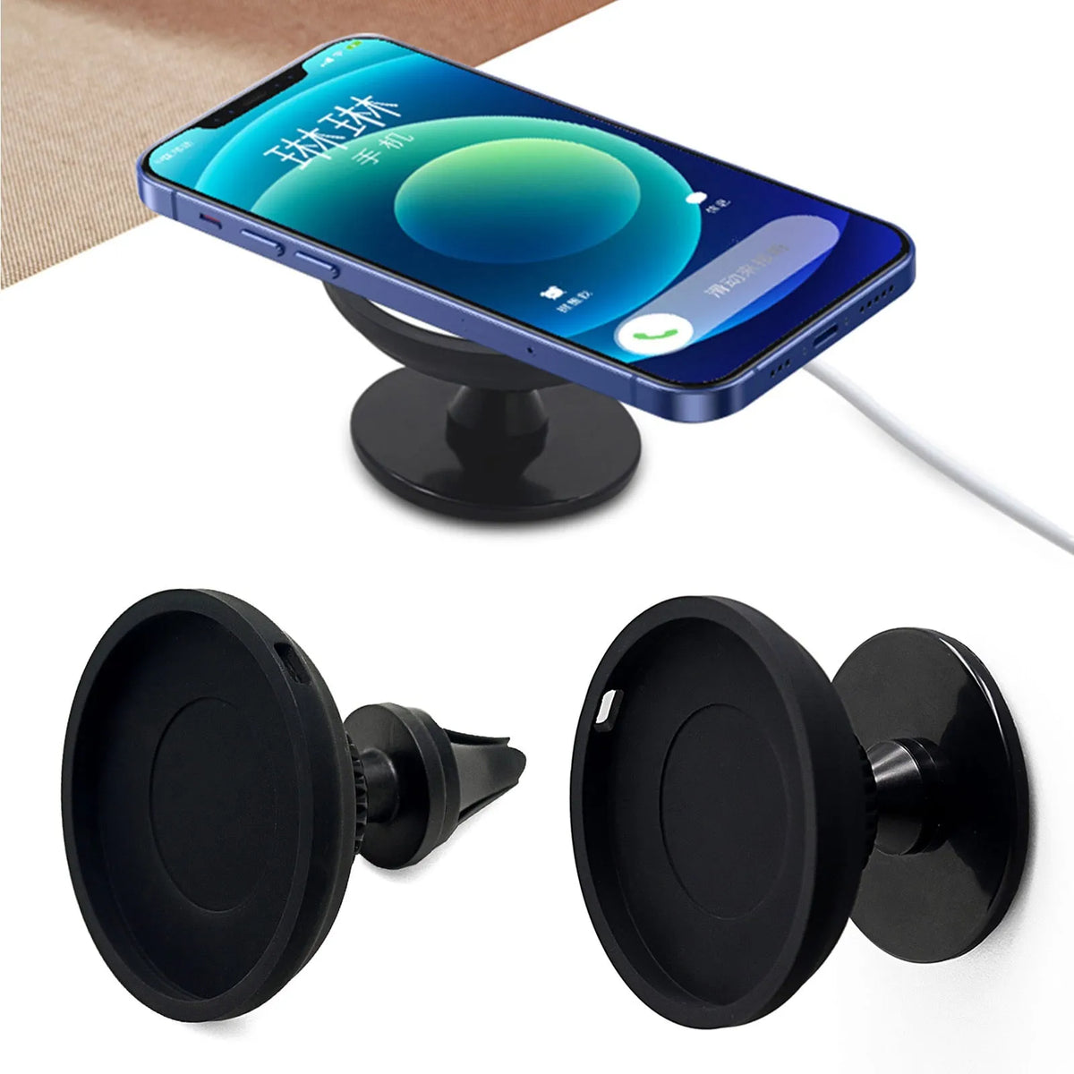 Black magnetic car phone holder mounted on vehicle air vent with smartphone attached, showing 360° rotation capability