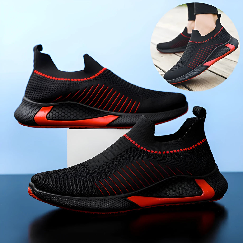 Men's flyknit mesh sneakers with striped design and plastic sole in black and white