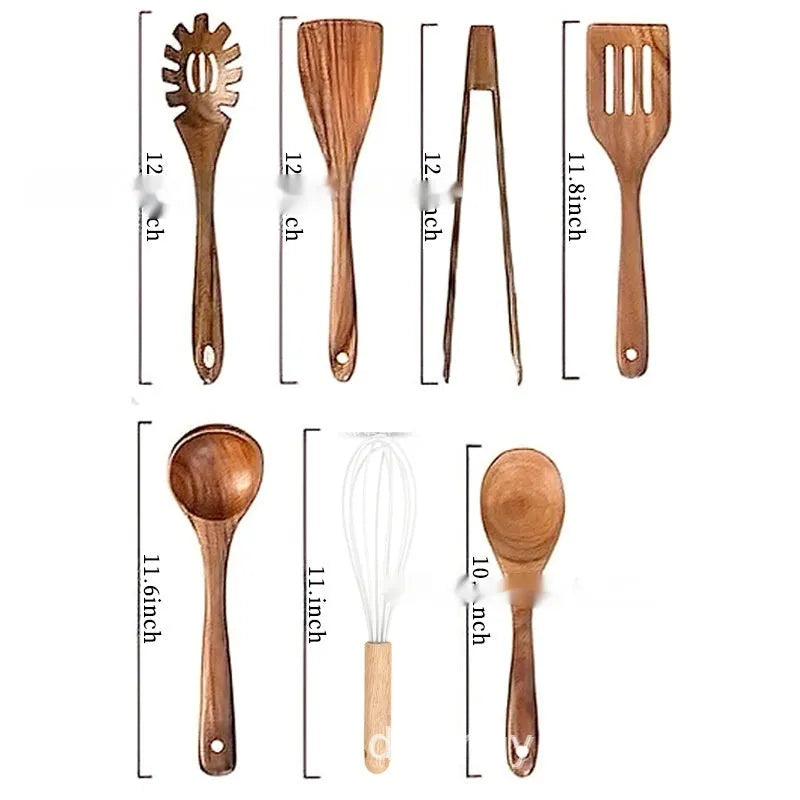 Wooden 7-piece kitchen utensil set showing spoons, spatulas and soup spoons