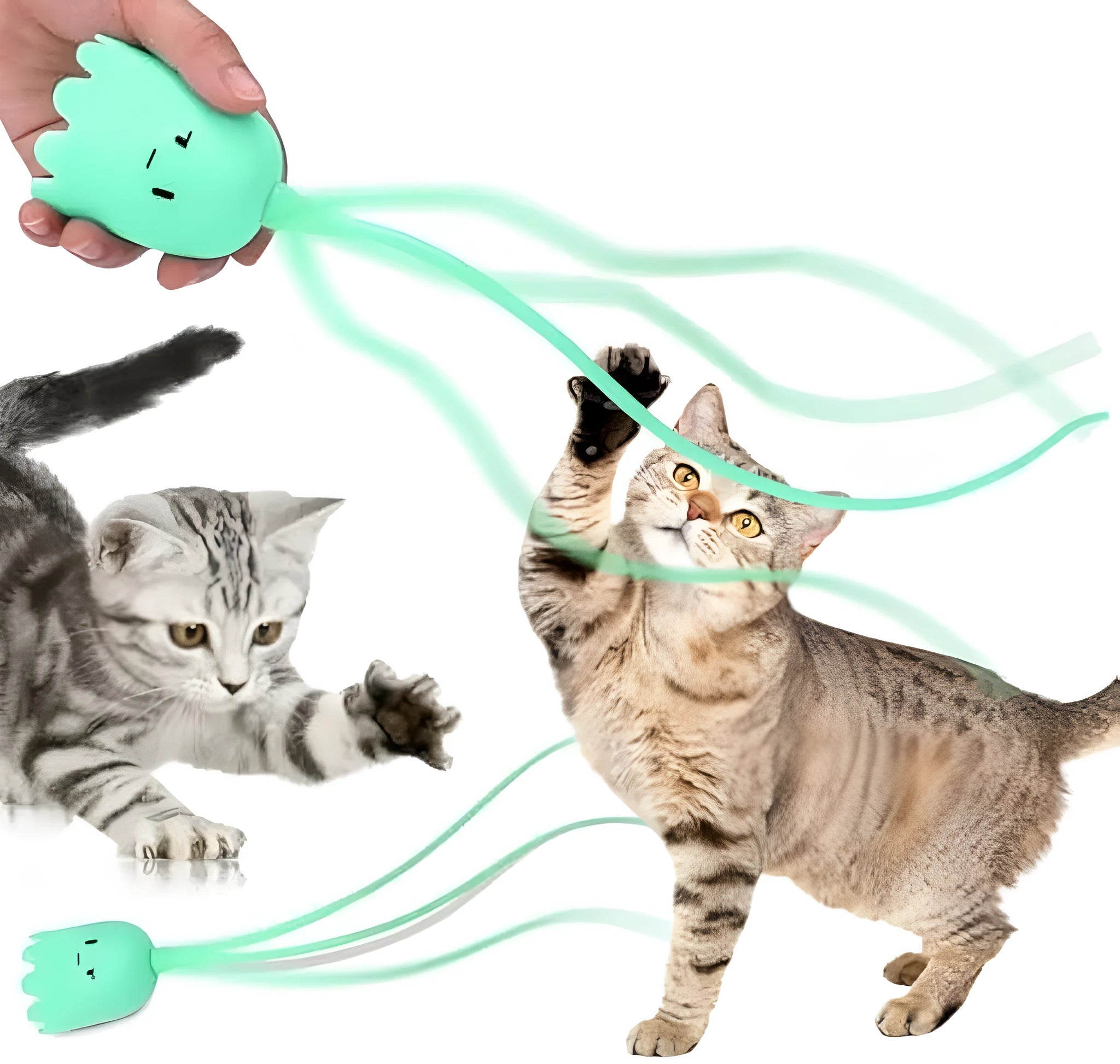 Rechargeable automatic cat toy wand with green silicone swinging tails for indoor cat play