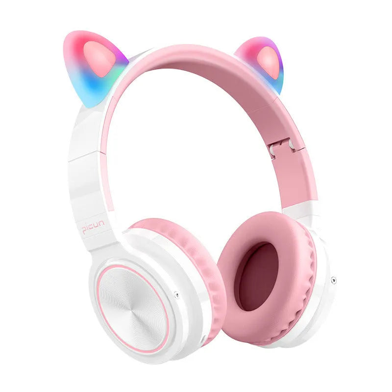 Pink and white wireless Bluetooth headset with head-mounted design and 40mm speakers